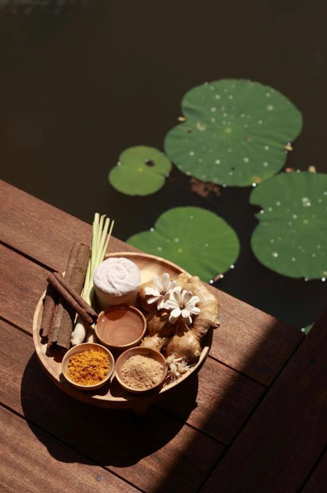 Herbs and flowers by the pond